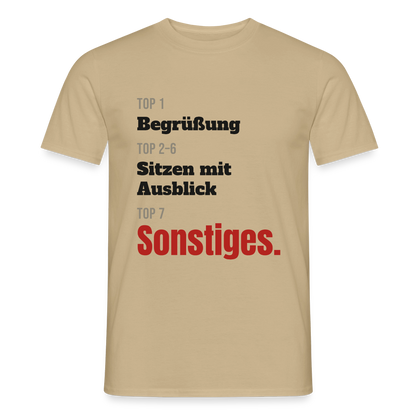 Top 1 Begrüßung, Top 2 bis 6 Sitzen mit Ausblick, Top 7 Sonstiges Motiv-T-Shirt für Männer, Farbe Sandbeige
