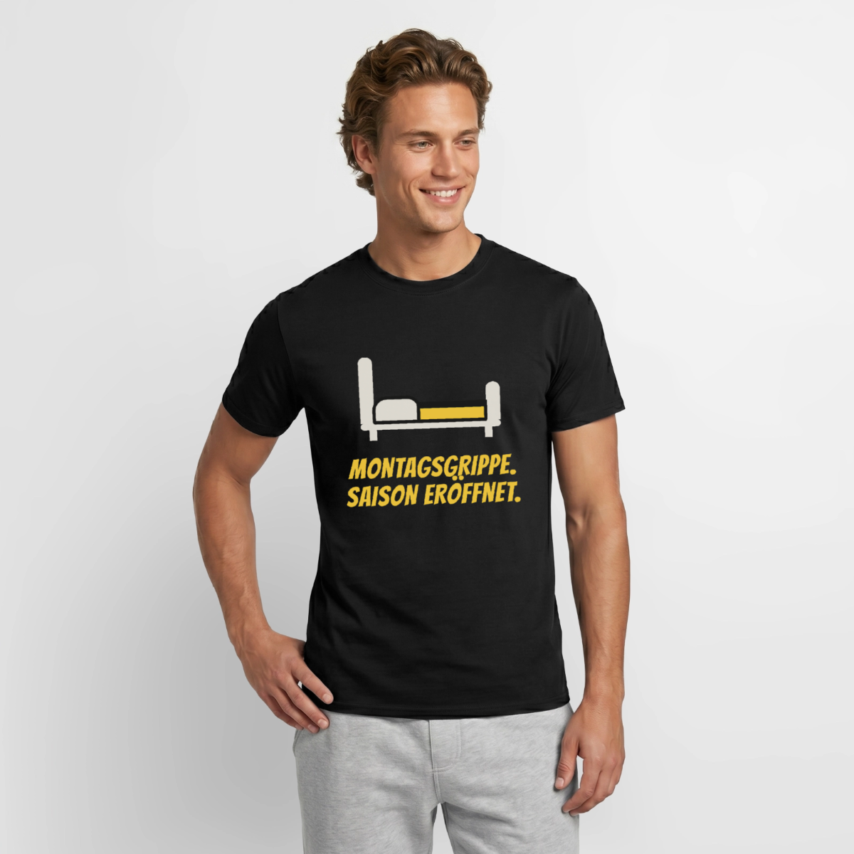 "Montagsgrippe. Saison eröffnet." Motiv-T-Shirt für Männer, Farbe Schwarz, Model
