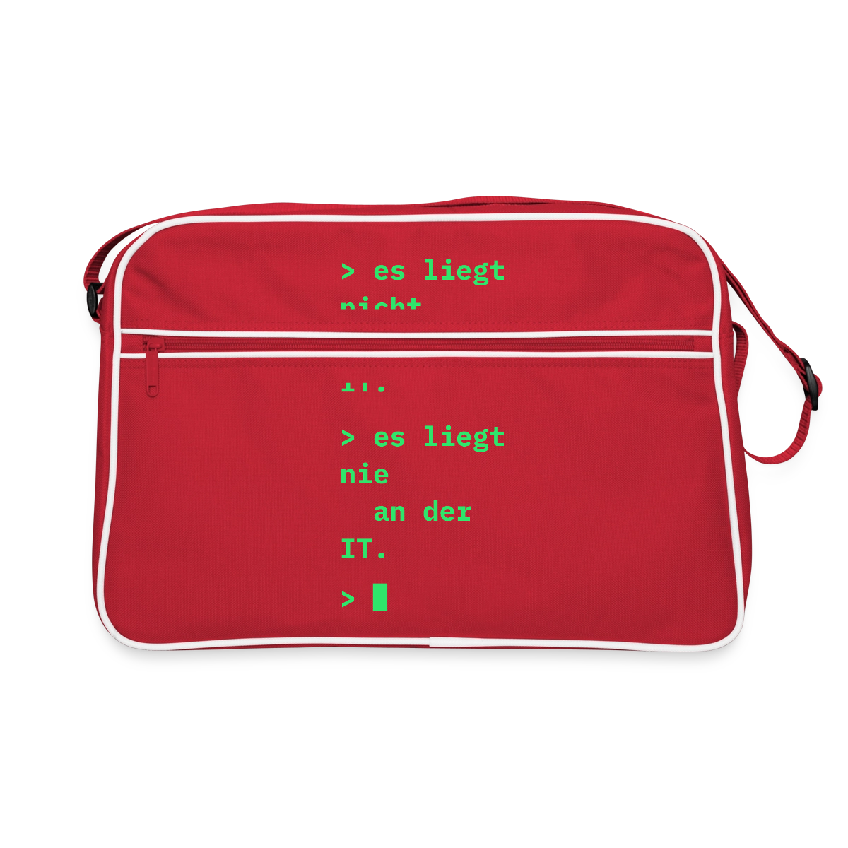 "Es liegt nicht an der IT. Es liegt nie an der IT." Motiv-Retro-Tasche, Farbe Rot/Weiß