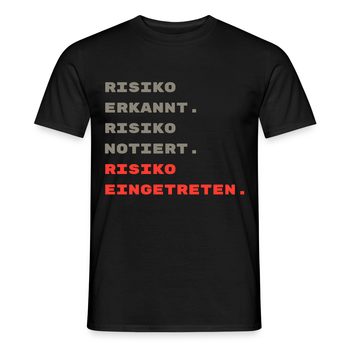 Risiko erkannt. Risiko notiert. Risiko eingetreten. Motiv-T-Shirt für Männer, Farbe Schwarz