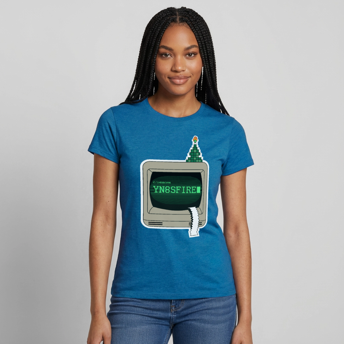 YN8SFIRE Motiv-T-Shirt für Frauen, Farbe Antikblaues Saphir meliert, Model