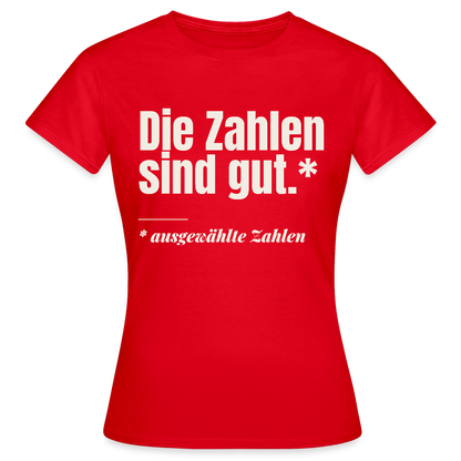 Die Zahlen sind gut. Ausgewählte Zahlen. Motiv-T-Shirt für Frauen, Farbe Rot