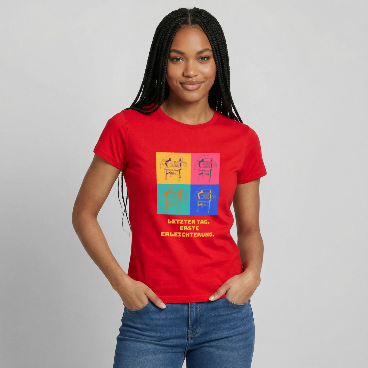 "Letzter Tag. Erste Erleichterung. Popart-Motiv" Motiv-T-Shirt für Frauen, Farbe Rot