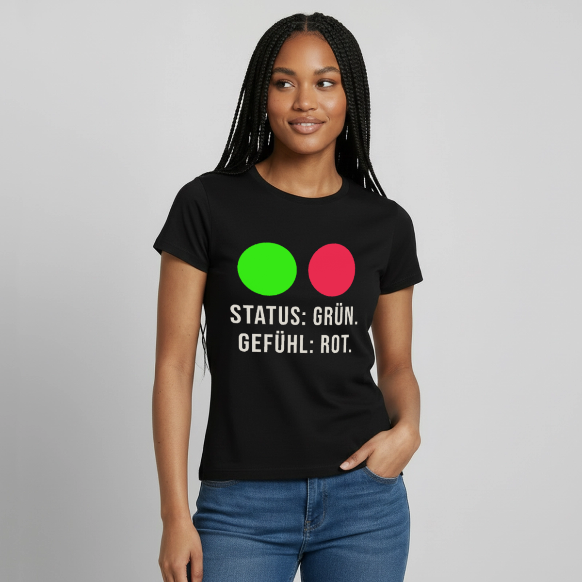 "Status: grün. Gefühl: rot." Motiv-T-Shirt für Frauen, Farbe Schwarz, Model