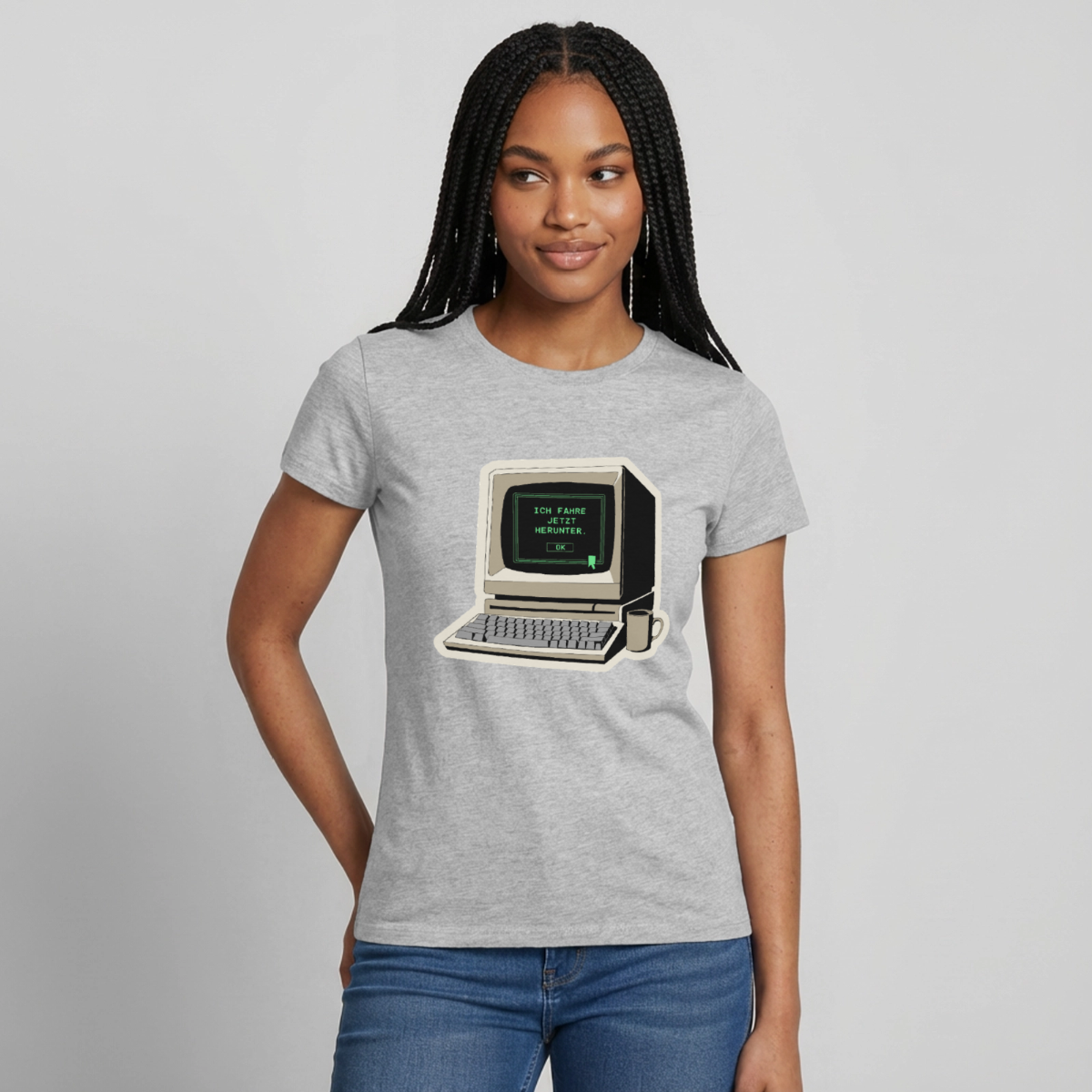 Ich fahre jetzt herunter. Motiv-T-Shirt für Frauen, Farbe Grau meliert, Model