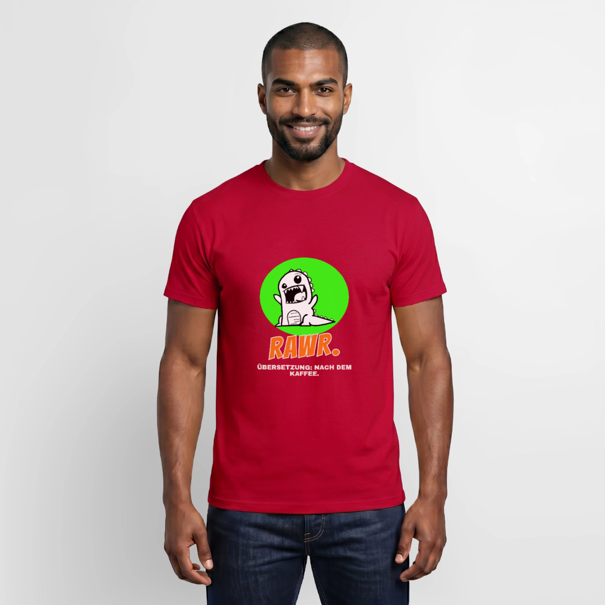 "Rawr. Übersetzung: nach dem Kaffee. Sticker-Motiv" Motiv-T-Shirt für Männer, Farbe Rot