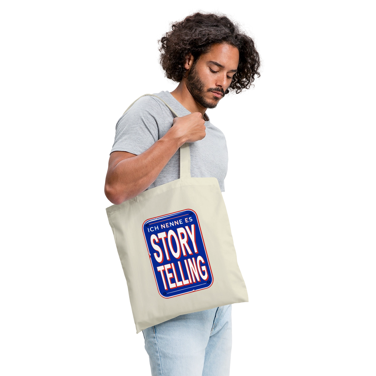 Ich nenne es Storytelling. Stoffbeutel, Farbe Natur, Model