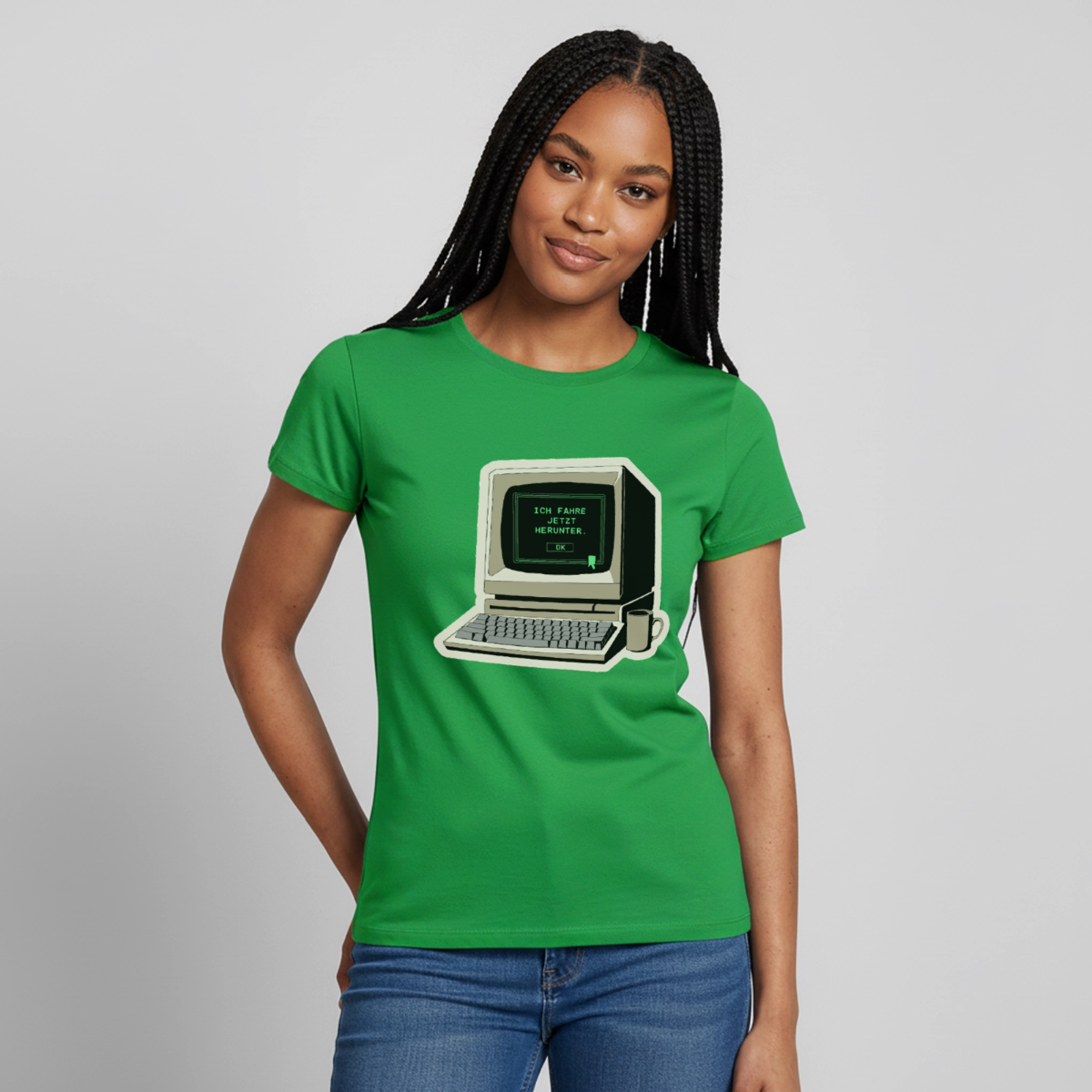 Ich fahre jetzt herunter. Motiv-T-Shirt für Frauen, Farbe Kelly Green, Model