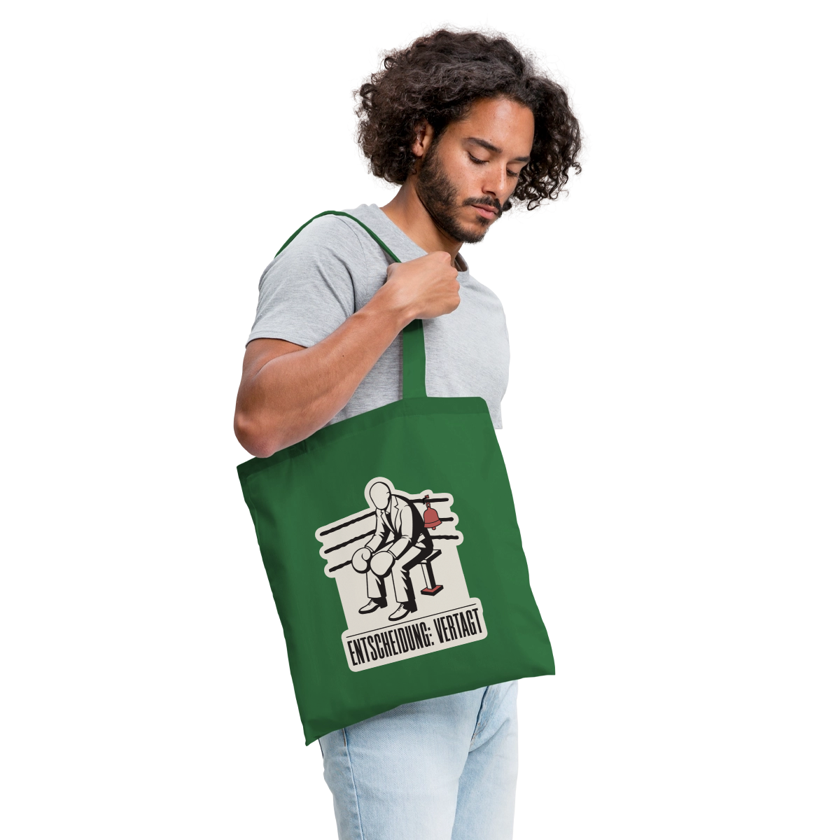"Entscheidung: vertagt. Boxplakat-Motiv" Stoffbeutel, Farbe Fichte