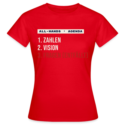 All-Hands-Agenda: 1 Zahlen, 2 Vision, 3 Fragen (entfällt) Motiv-T-Shirt für Frauen, Farbe Rot
