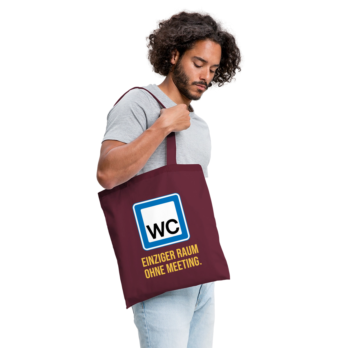 "WC: einziger Raum ohne Meeting. Schild-Motiv" Stoffbeutel, Farbe Burgunderrot