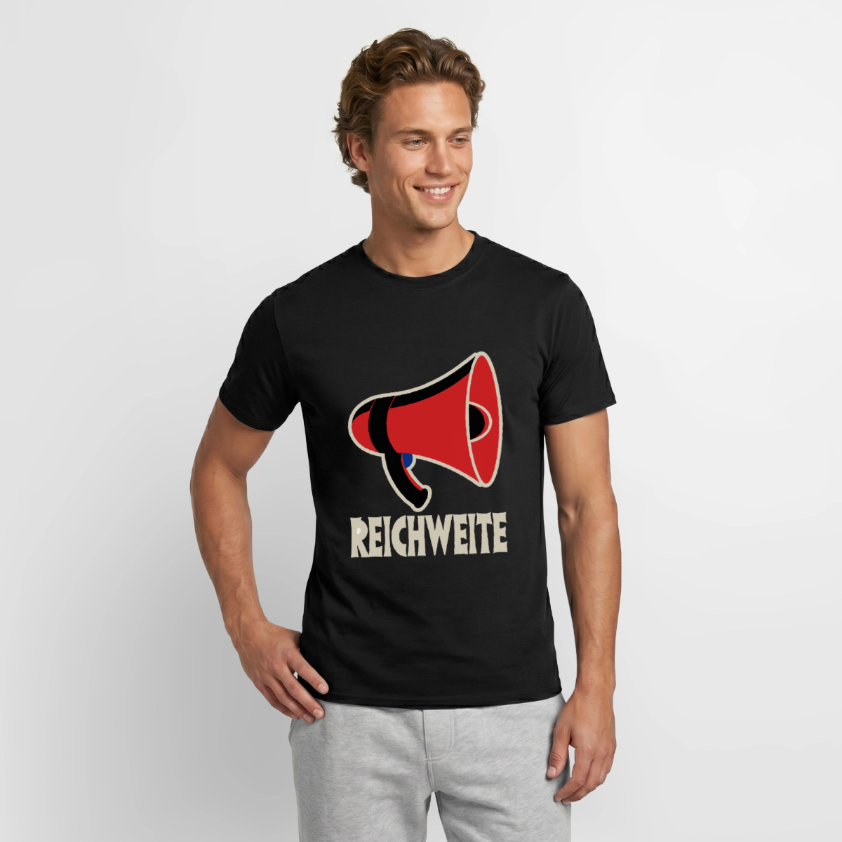 "Reichweite. Sachplakat-Motiv" Motiv-T-Shirt für Männer, Farbe Schwarz, Model