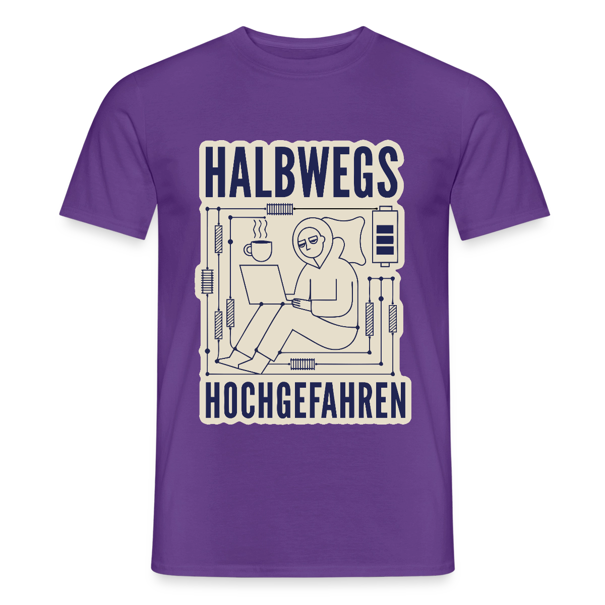 Halbwegs hochgefahren. Motiv-T-Shirt für Männer, Farbe Lila