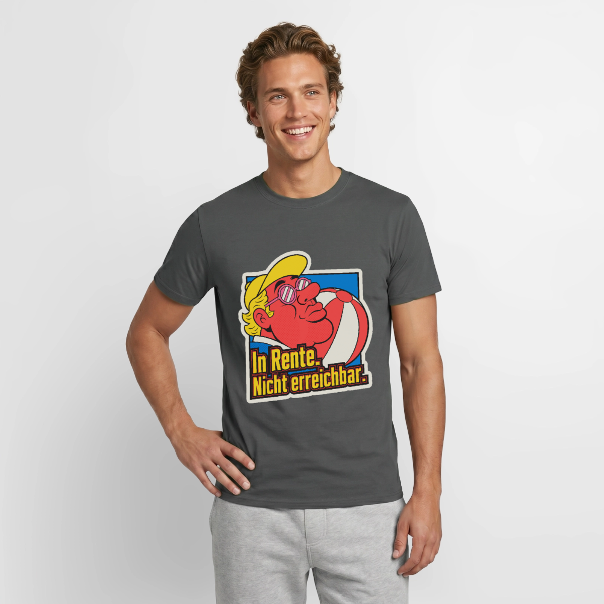 "In Rente. Nicht erreichbar. Popart-Motiv" Motiv-T-Shirt für Männer, Farbe Anthrazit