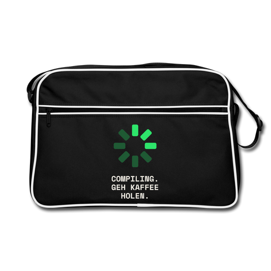 "Compiling. Geh Kaffee holen." Motiv-Retro-Tasche, Farbe Schwarz/Weiß