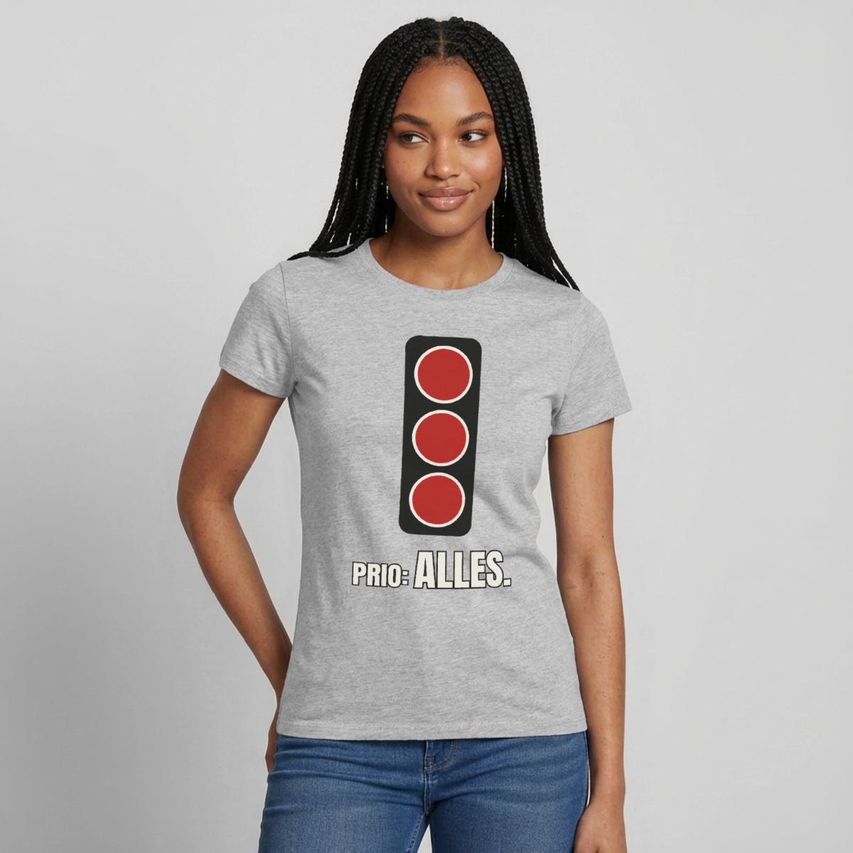 Prio: alles. Motiv-T-Shirt für Frauen, Farbe Grau meliert, Model