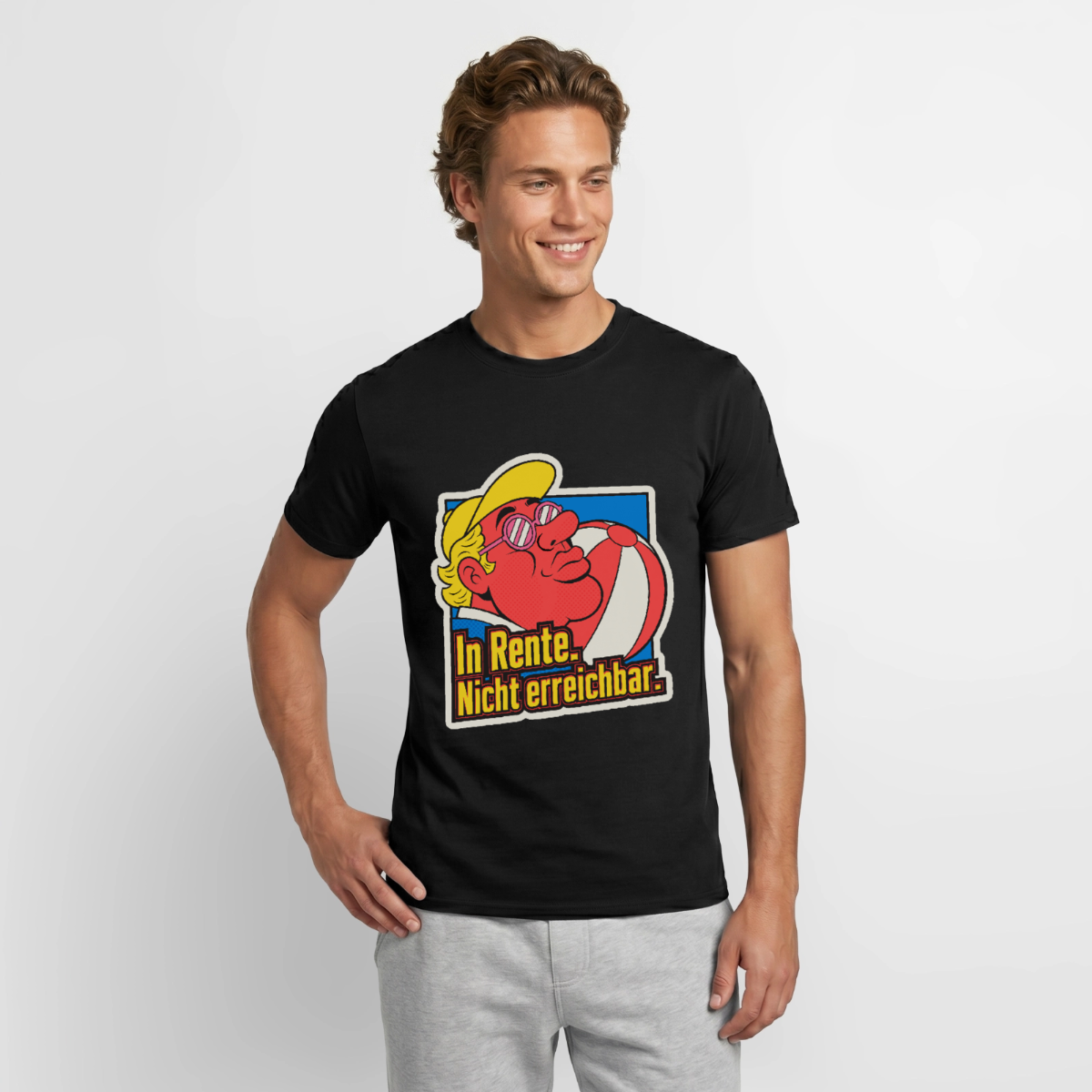 "In Rente. Nicht erreichbar. Popart-Motiv" Motiv-T-Shirt für Männer, Farbe Schwarz