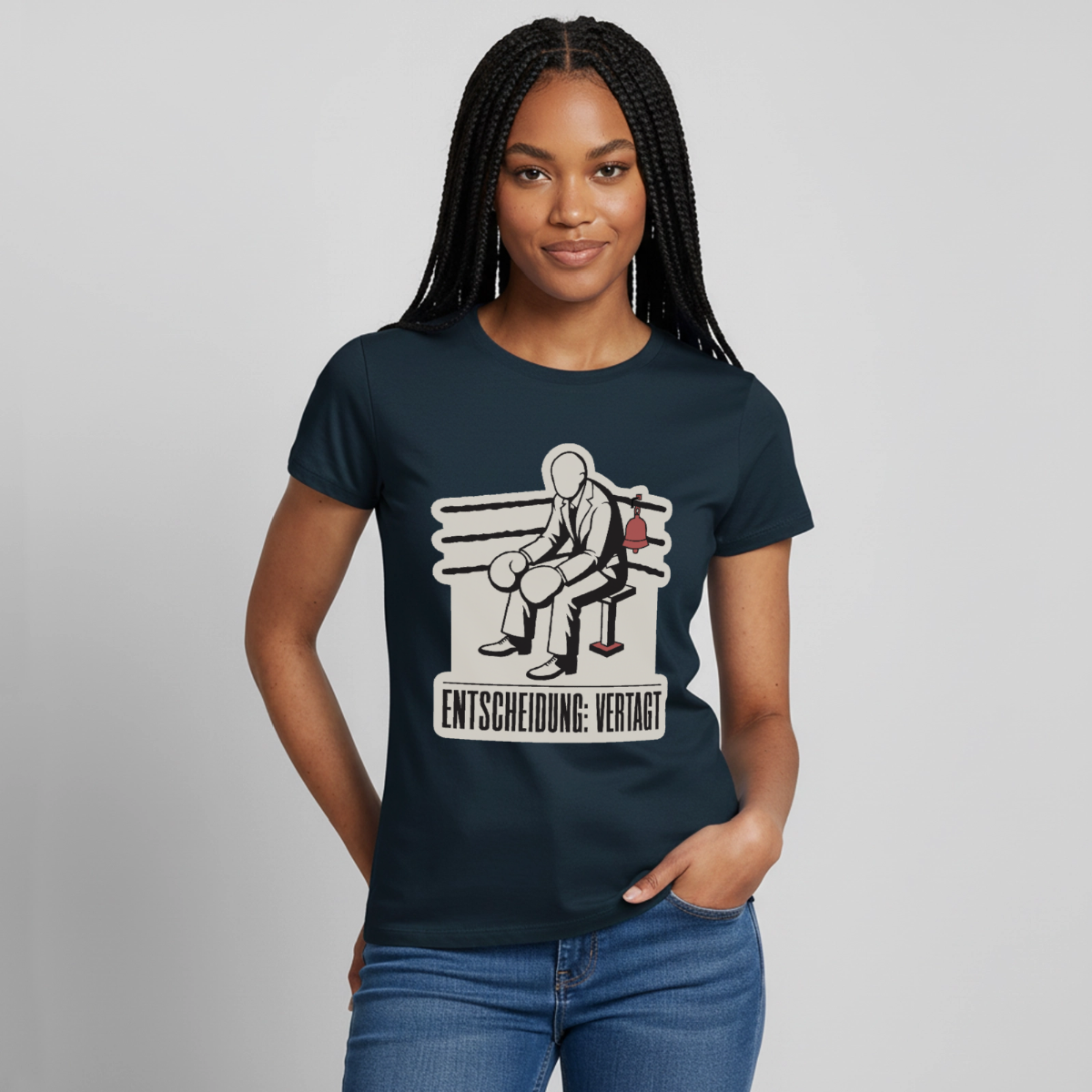 "Entscheidung: vertagt. Boxplakat-Motiv" Motiv-T-Shirt für Frauen, Farbe Navy