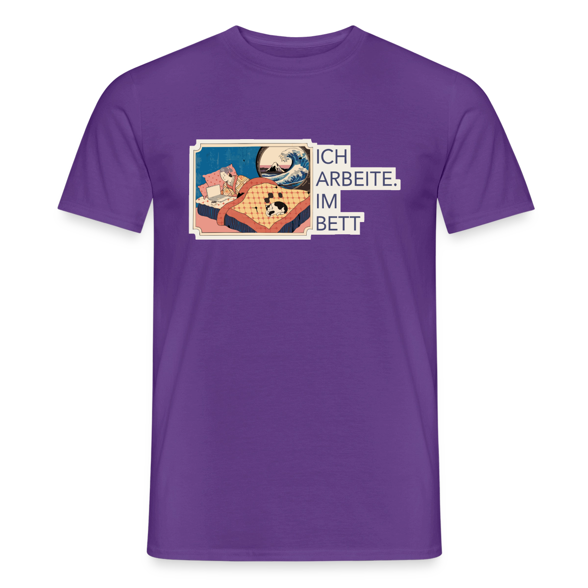 Ich arbeite. Im Bett. Motiv-T-Shirt für Männer, Farbe Lila