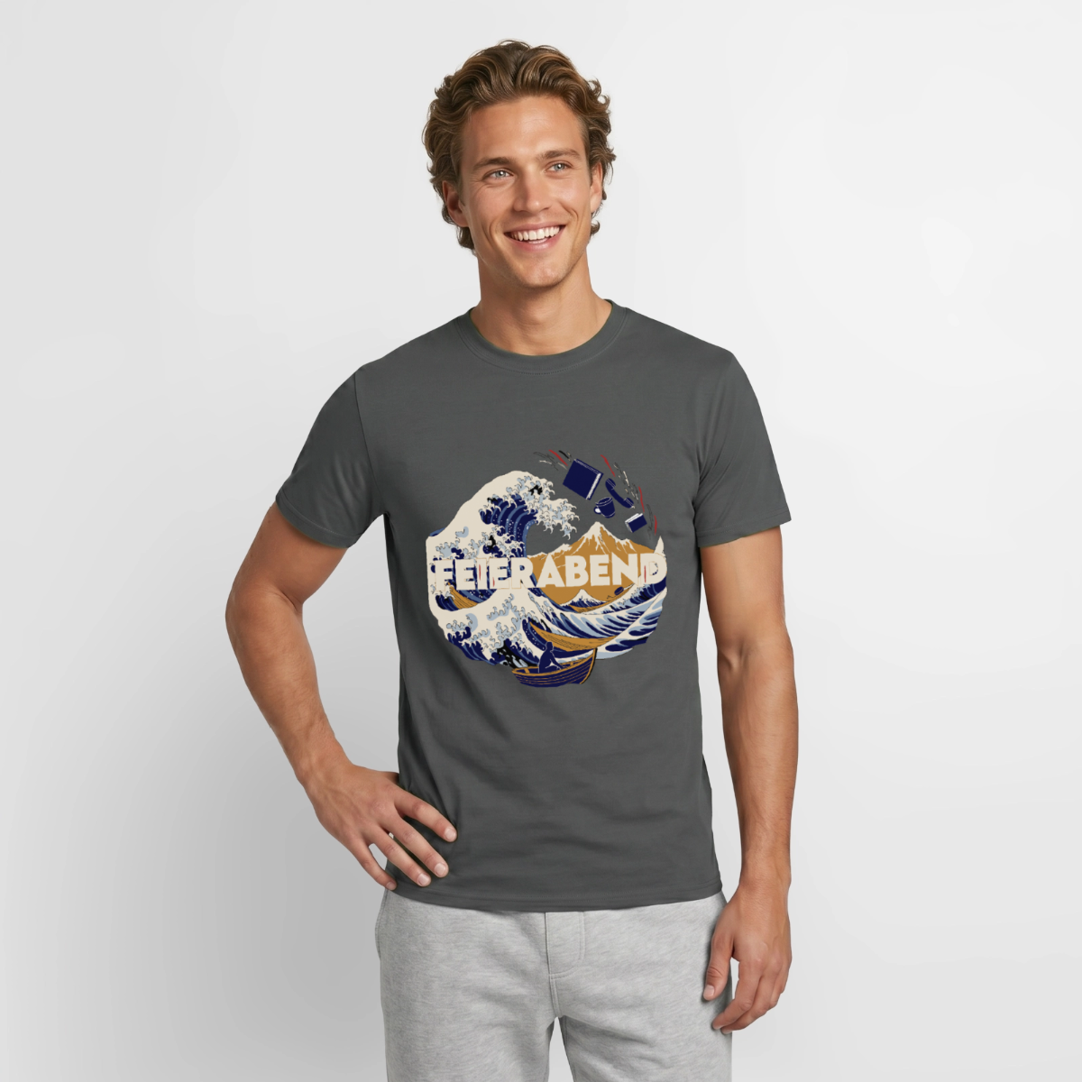 "Feierabend. Ukiyo-e-Motiv" Motiv-T-Shirt für Männer, Farbe Anthrazit