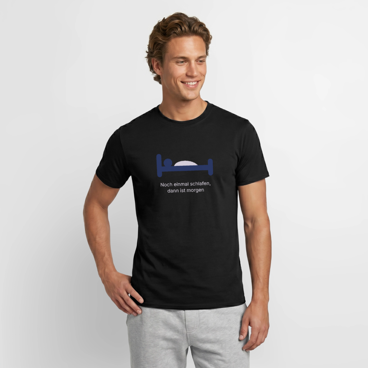 Noch einmal schlafen, dann ist morgen. Motiv-T-Shirt für Männer, Farbe Schwarz, Model
