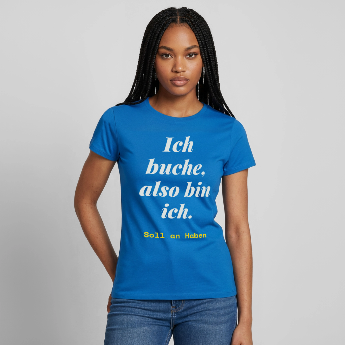 "Ich buche, also bin ich." Motiv-T-Shirt für Frauen, Farbe Royalblau