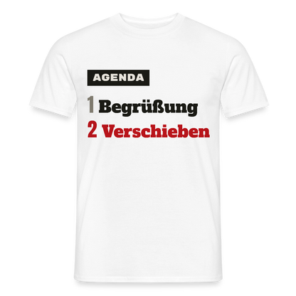 Agenda: 1 Begrüßung, 2 Verschieben Motiv-T-Shirt für Männer, Farbe Weiß