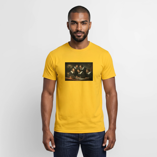 Das Code-Review. Renaissance-Motiv Motiv-T-Shirt für Männer, Farbe Gelb, Model
