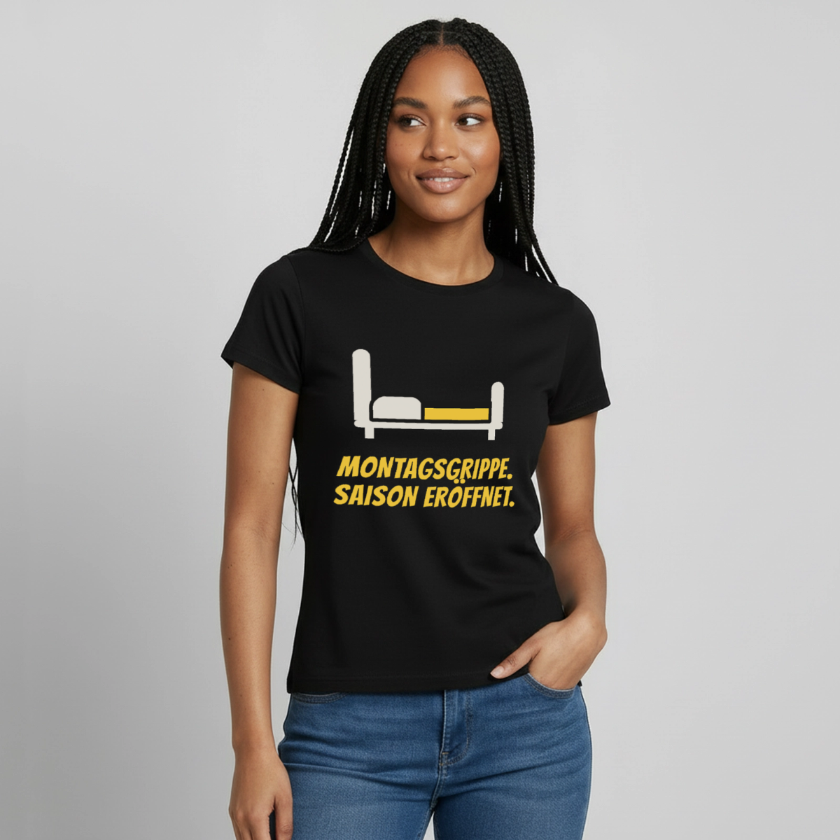"Montagsgrippe. Saison eröffnet." Motiv-T-Shirt für Frauen, Farbe Schwarz, Model