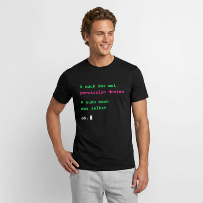 "Mach das mal. Permission denied. Sudo mach das selbst." Motiv-T-Shirt für Männer, Farbe Schwarz, Model