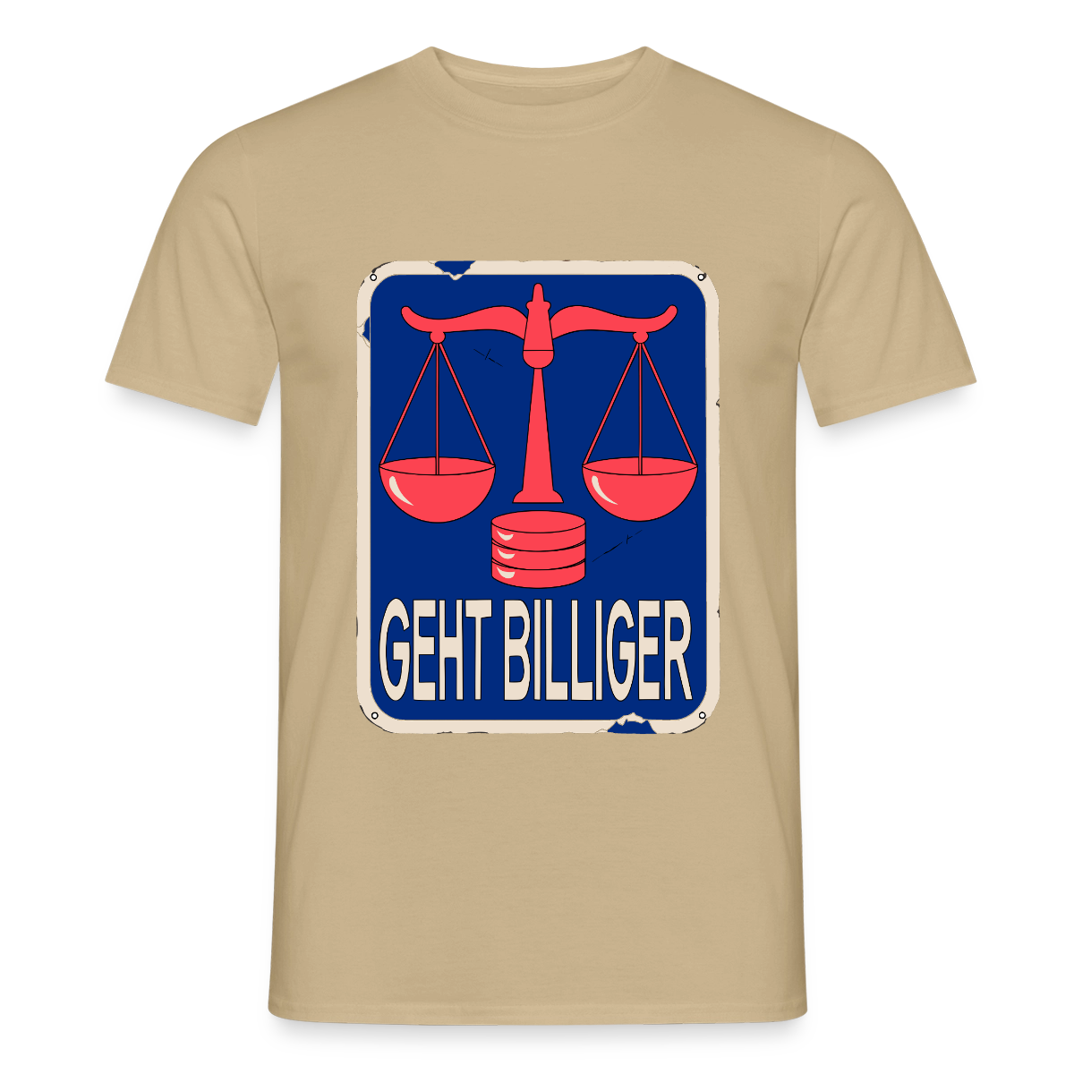 "Geht billiger. Emailschild-Motiv" Motiv-T-Shirt für Männer, Farbe Sandbeige