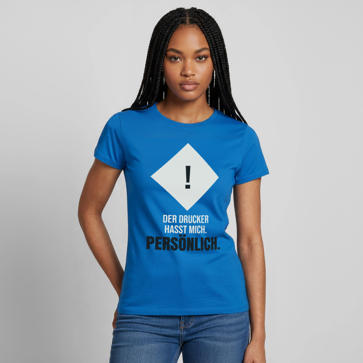 "Der Drucker hasst mich. Persönlich." Motiv-T-Shirt für Frauen, Farbe Royalblau