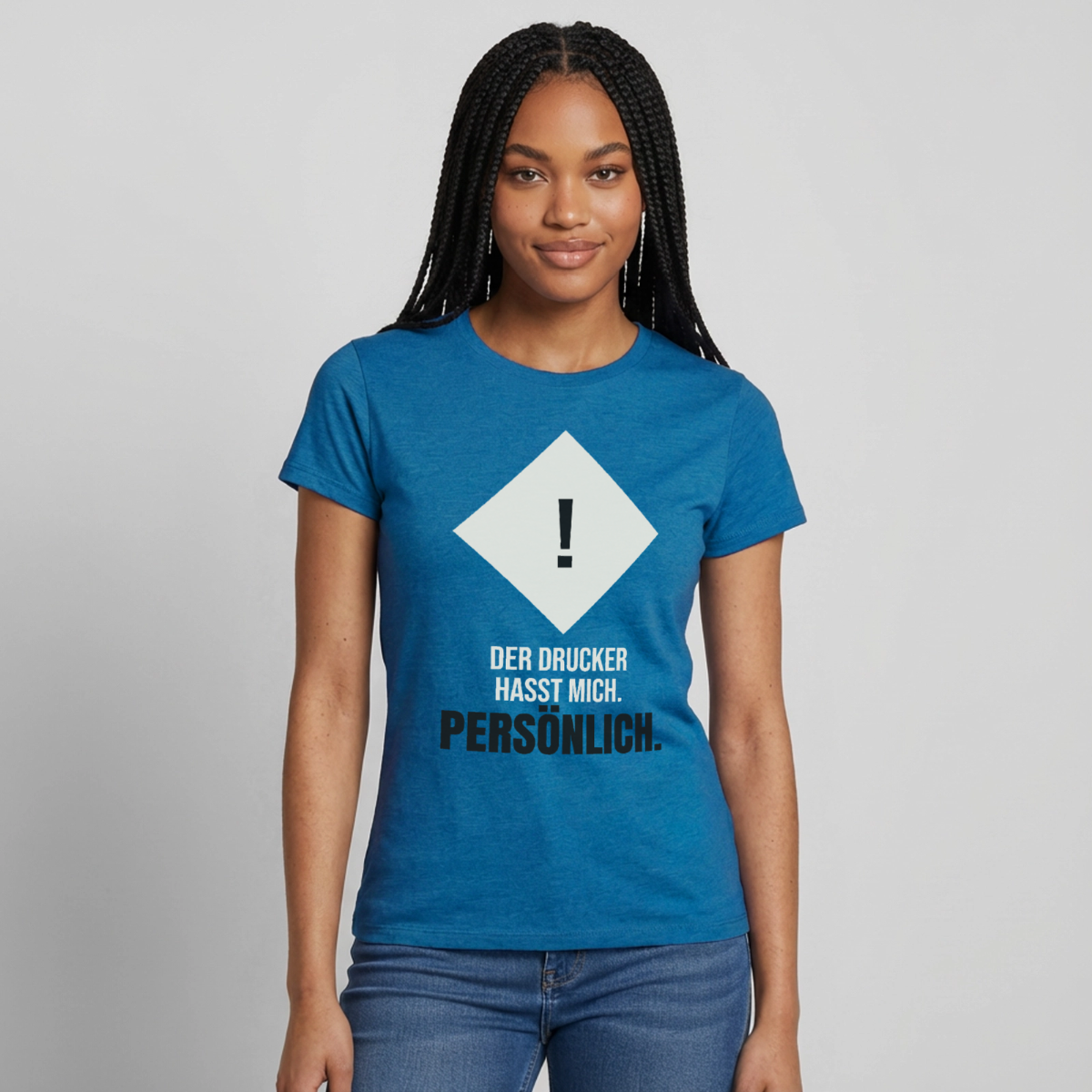 "Der Drucker hasst mich. Persönlich." Motiv-T-Shirt für Frauen, Farbe Antikblaues Saphir meliert
