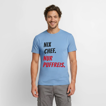 Nix Chef. Nur Puffreis. Motiv-T-Shirt für Männer, Farbe Carolina Blue, Model