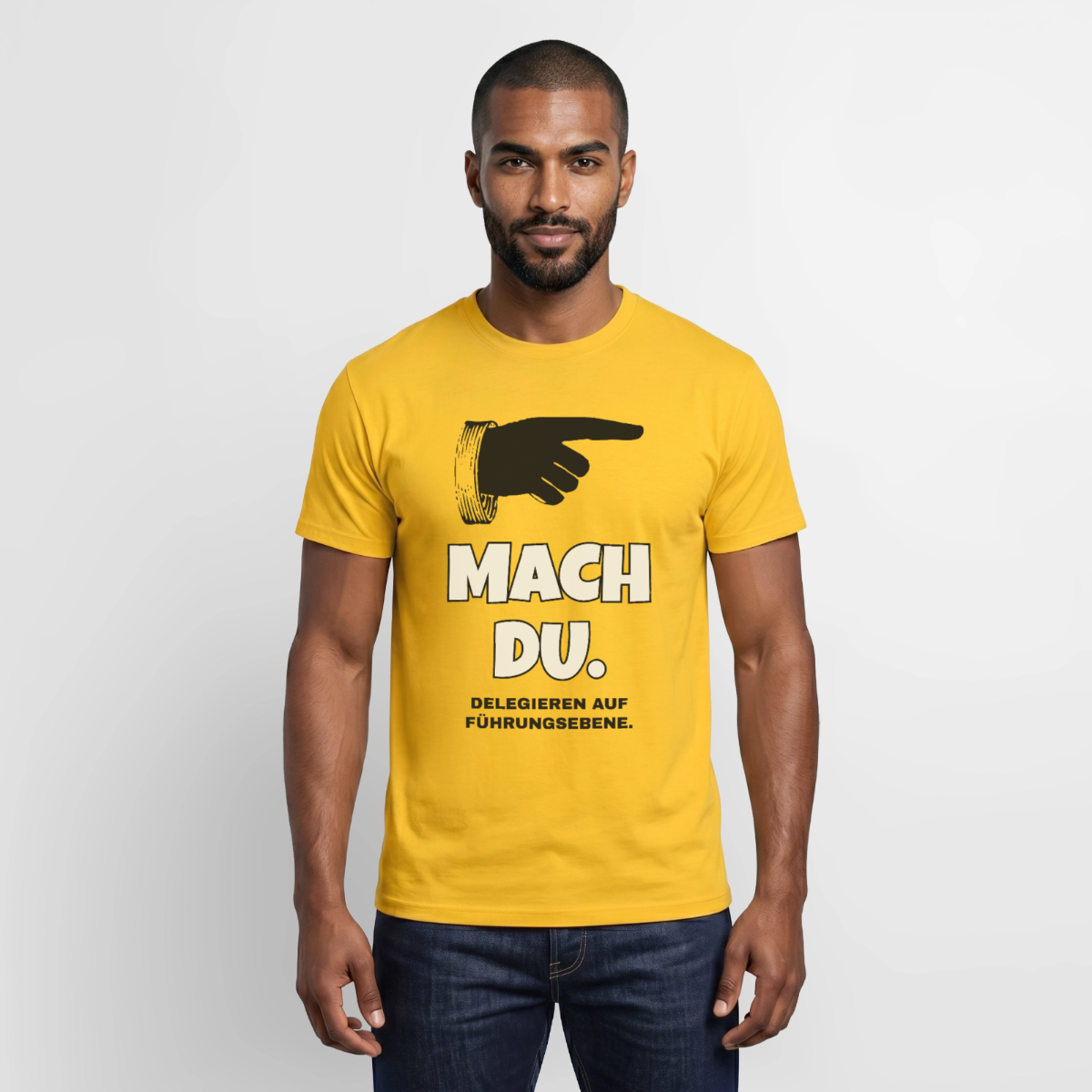 "Mach du. Delegieren auf Führungsebene." Motiv-T-Shirt für Männer, Farbe Gelb