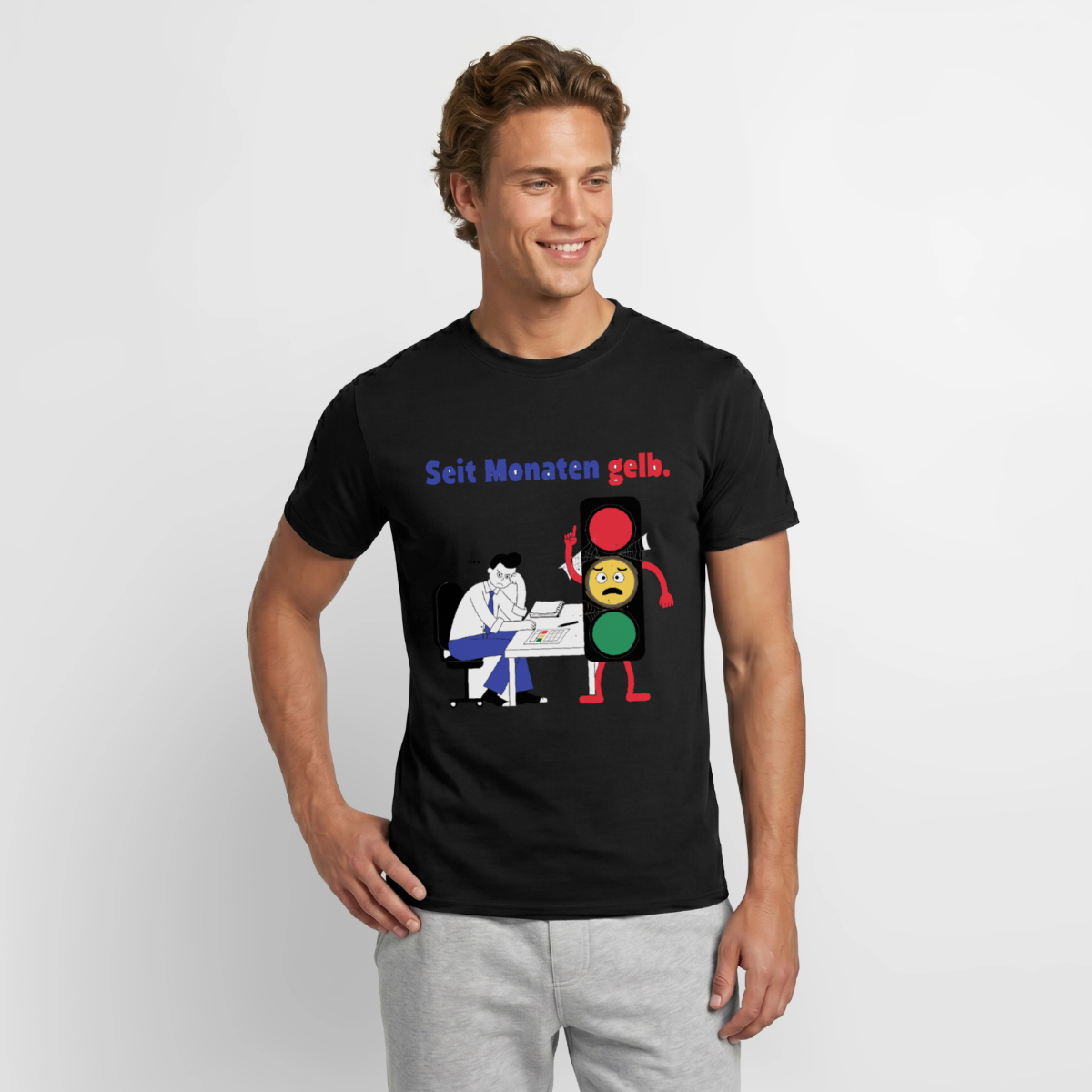Seit Monaten gelb. Ampel-Motiv Motiv-T-Shirt für Männer, Farbe Schwarz, Model