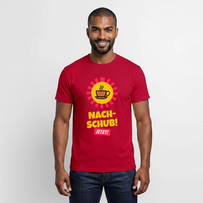 "Nachschub! Jetzt!" Motiv-T-Shirt für Männer, Farbe Rot