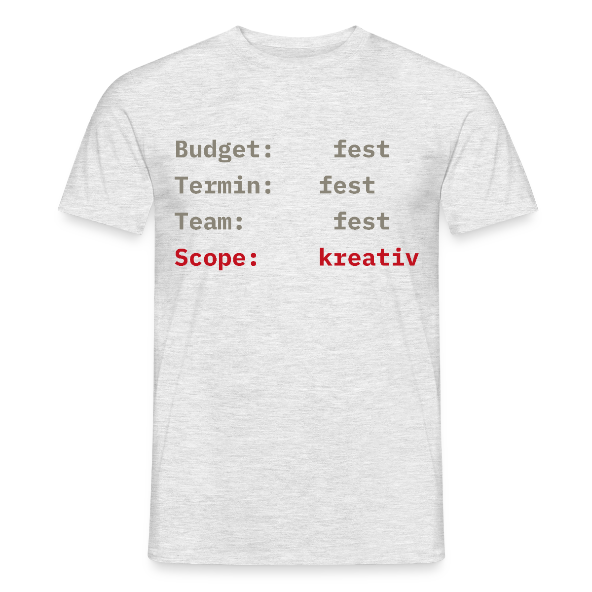 Budget: fest. Termin: fest. Team: fest. Scope: kreativ. Motiv-T-Shirt für Männer, Farbe Grau meliert