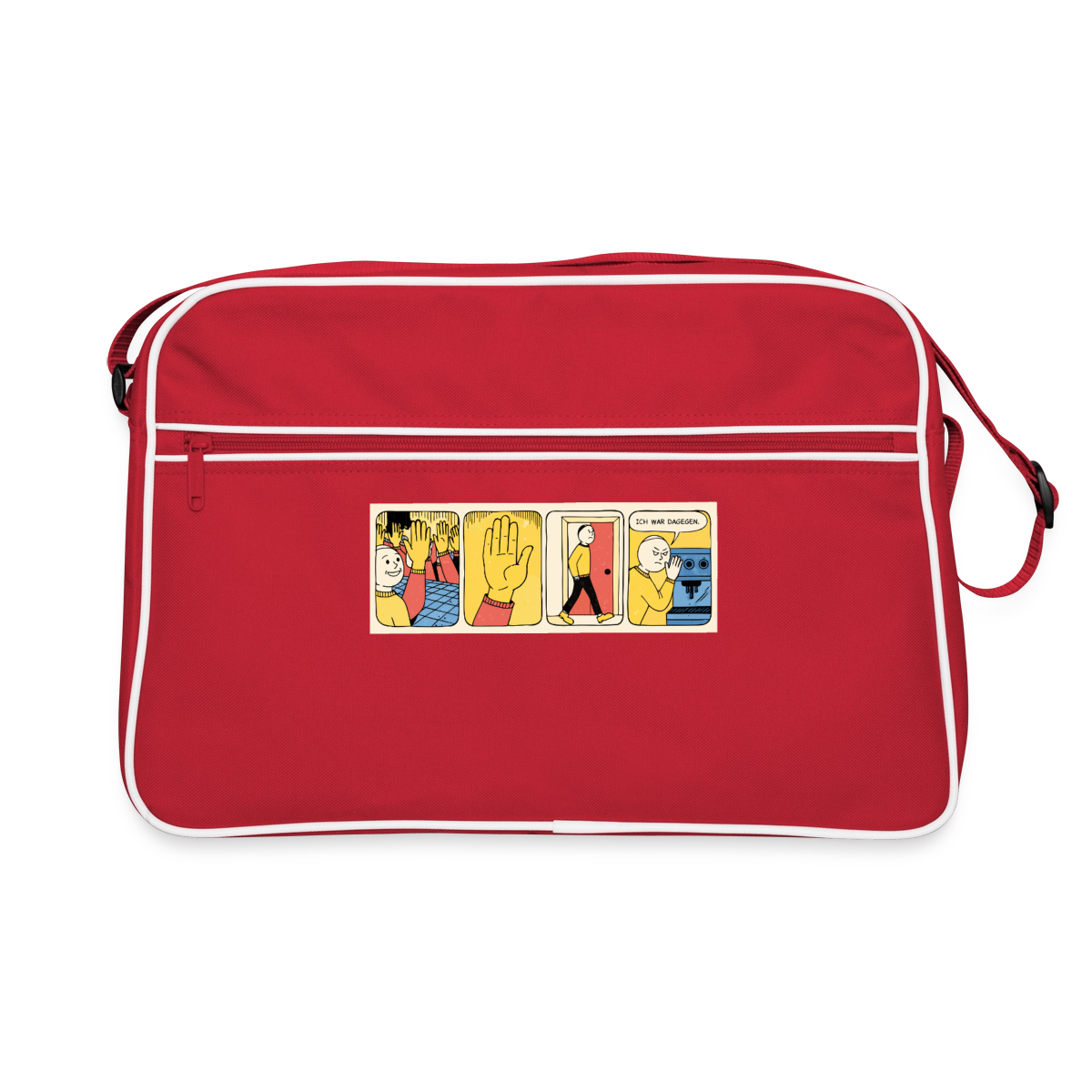 Ich war dagegen. Motiv-Retro-Tasche, Farbe Rot/Weiß