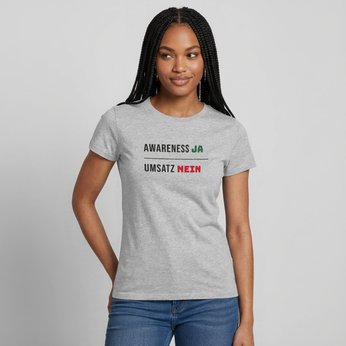 Awareness ja. Umsatz nein. Motiv-T-Shirt für Frauen, Farbe Grau meliert, Model