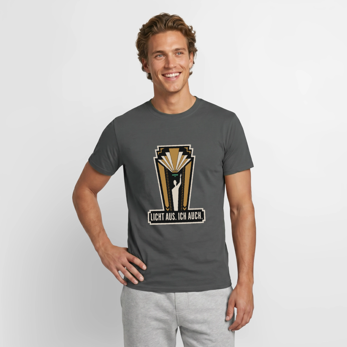 "Licht aus. Ich auch. Art-déco-Motiv" Motiv-T-Shirt für Männer, Farbe Anthrazit