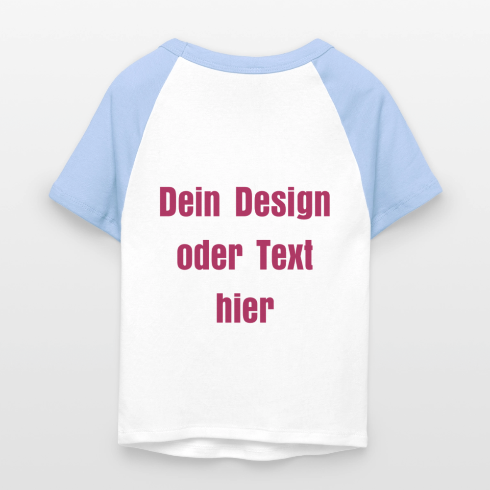 Frauen Cropped Baseball T-Shirt - personalisierbare Vorder- und Rückseite - Weiß/Hellblau