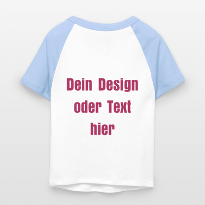 Frauen Cropped Baseball T-Shirt - personalisierbare Vorder- und Rückseite - Weiß/Hellblau