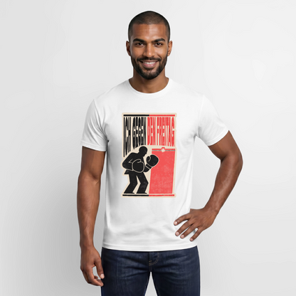 "Ich gegen den Freitag. Boxplakat-Motiv" Motiv-T-Shirt für Männer, Farbe Weiß