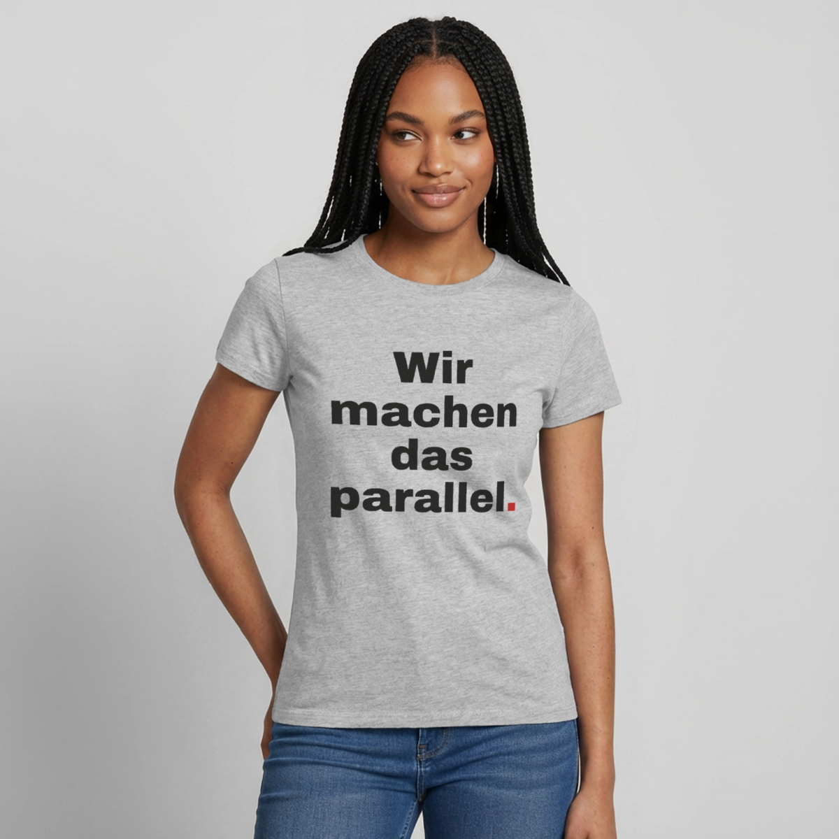 Wir machen das parallel Motiv-T-Shirt für Frauen, Farbe Grau meliert, Model