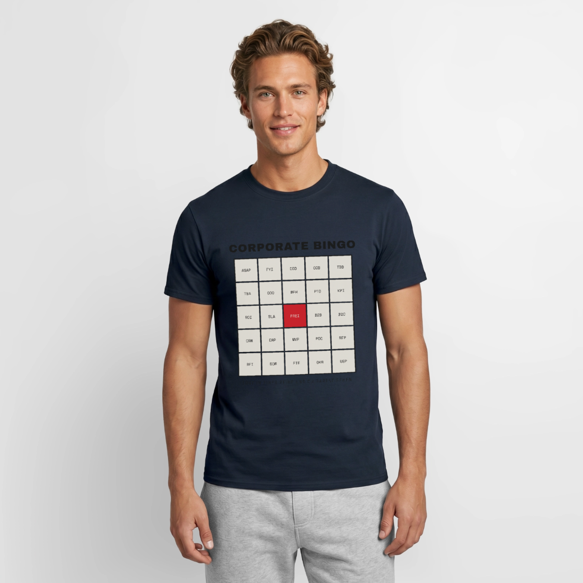 Corporate Bingo. Fünf in einer Reihe. Motiv-T-Shirt für Männer, Farbe Navy, Model
