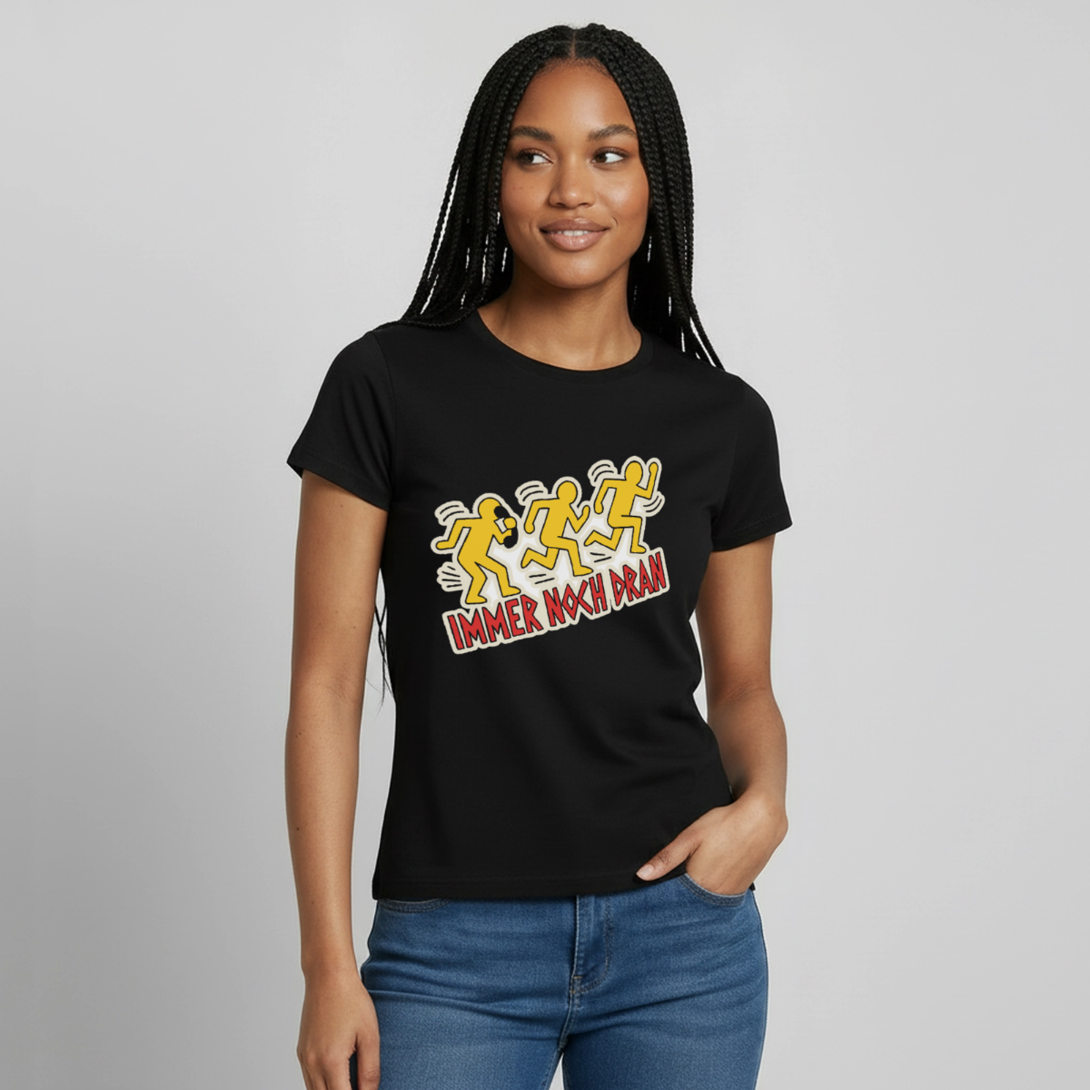 "Immer noch dran. Pop-Art-Motiv" Motiv-T-Shirt für Frauen, Farbe Schwarz, Model