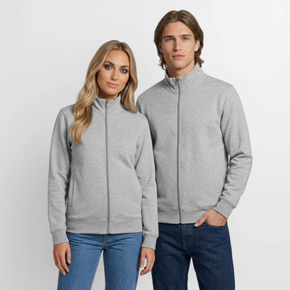 Pullover mit Zip-Kragen für Sie und Ihn (Unisex) - personalisierbare Vorder- und Rückseite - Grau meliert