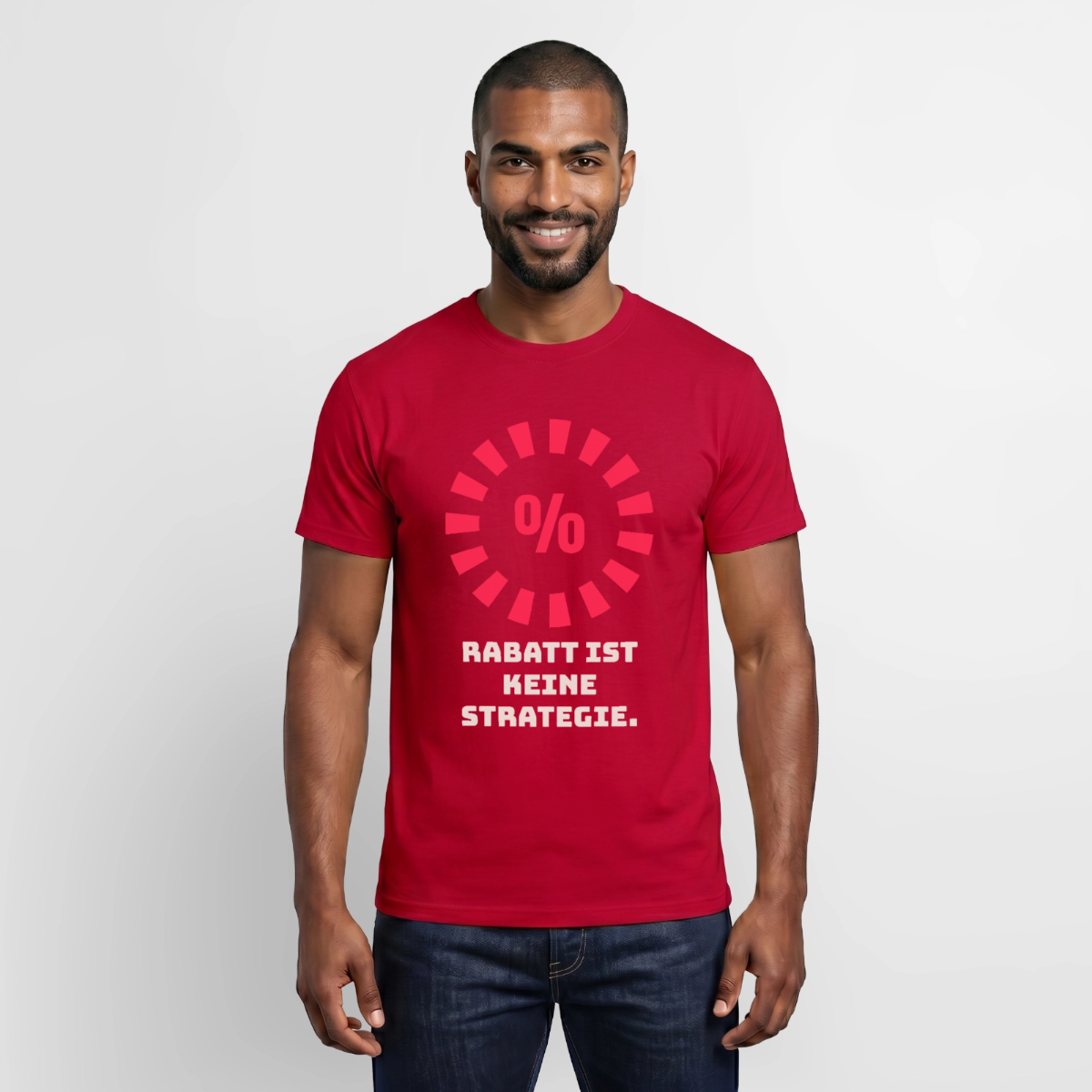 "Rabatt ist keine Strategie." Motiv-T-Shirt für Männer, Farbe Rot
