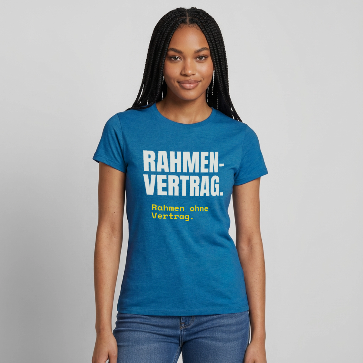 "Rahmenvertrag. Rahmen ohne Vertrag." Motiv-T-Shirt für Frauen, Farbe Antikblaues Saphir meliert